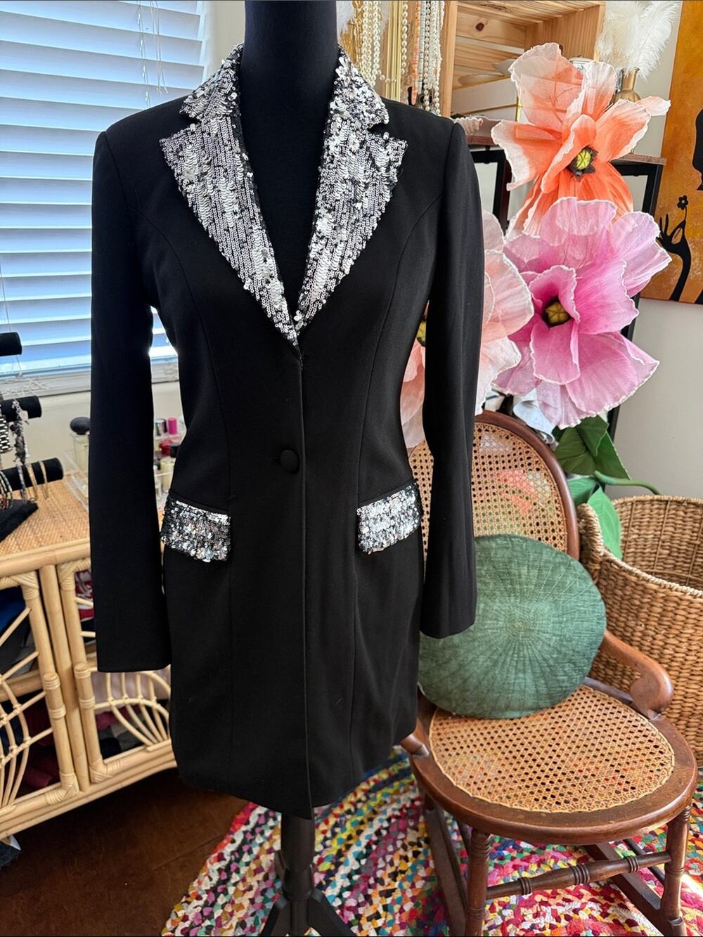 Dress The Population Berkley Black Silver Sequin Femme Fatale Blazer Mini Dress